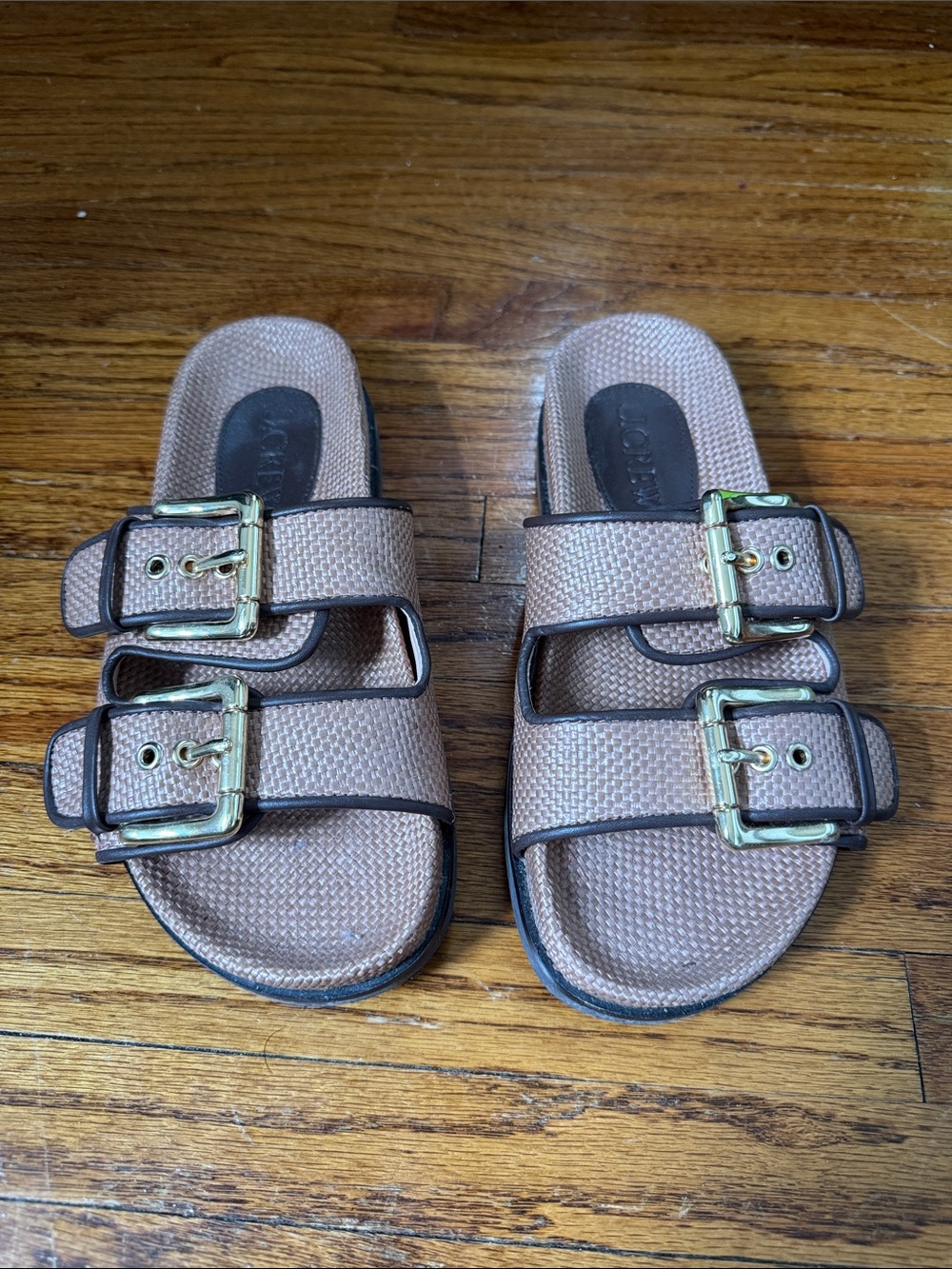 J. Crew Tan Double-Buckle Slide Sandals with Gold Buckles